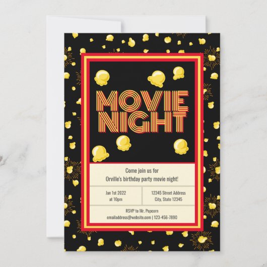 Movie Night Birthday Party - Marquee Popcorn Einladung (Vorderseite)