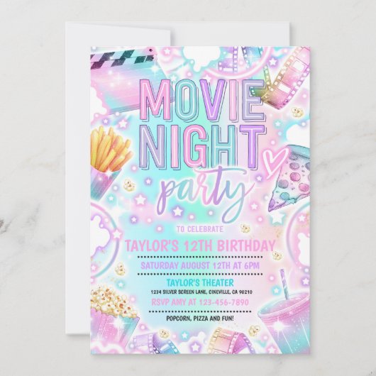Movie Night Birthday Party Pastell Rainbow Movie Einladung (Vorderseite)