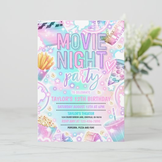 Movie Night Birthday Party Pastell Rainbow Movie Einladung (Stehend Vorderseite)