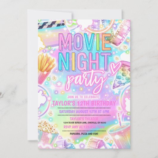 Movie Night Birthday Party Pastell Rainbow Movie Einladung (Vorderseite)