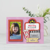 Movie Night Birthday Party Pink Film Kino Foto Einladung (Stehend Vorderseite)
