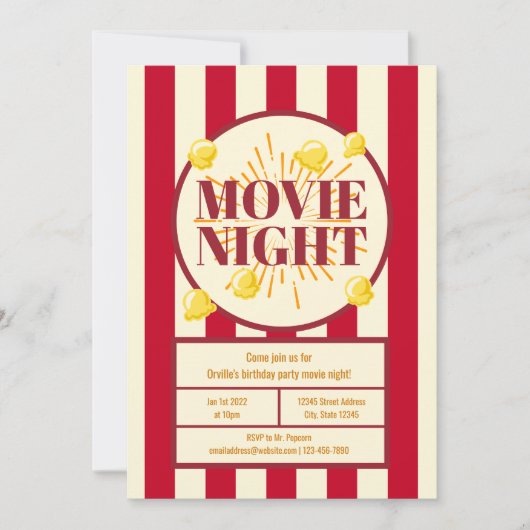 Movie Night Birthday Party - Red White Popcorn Bag Einladung (Vorderseite)