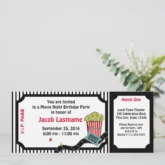 Movie Night Birthday Ticket Einladung (Stehend Vorderseite)