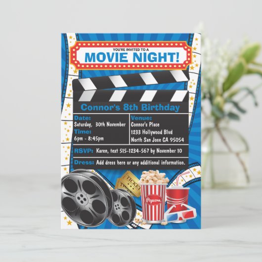 Movie Night Hollywood Birthday Party Einladung (Stehend Vorderseite)