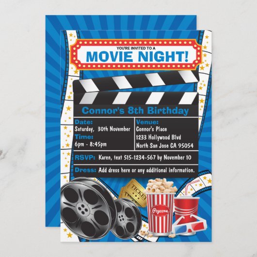 Movie Night Hollywood Birthday Party Einladung (Vorne/Hinten)