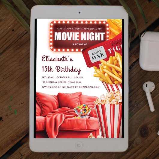 Movie Night Modern Red Birthday Einladung