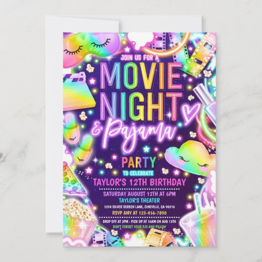Movie Night Pajama Neon Rainbow Birthday Party Einladung (Vorderseite)