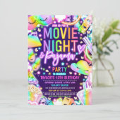 Movie Night Pajama Neon Rainbow Birthday Party Einladung (Stehend Vorderseite)