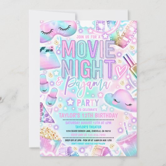 Movie Night Pajama Pastel Rainbow Birthday Party Einladung (Vorderseite)