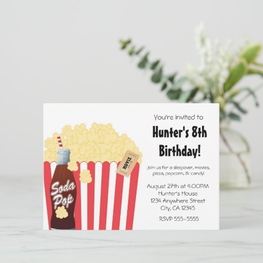 Movie Party Event Popcorn & Soda Pop Einladung (Stehend Vorderseite)