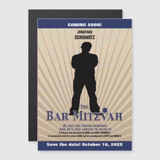 Movie Star Bar Mitzvah Tan Navy Blau Magneteinladung (Vorne/Hinten)