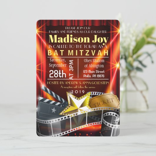 MOVIE STAR HOLLYWOOD Bat Mitzvah Einladung (Stehend Vorderseite)