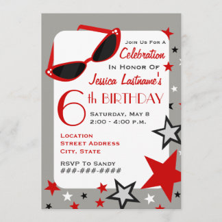 Movie Star Red Sunglasses & Stars Girls Geburtstag Einladung