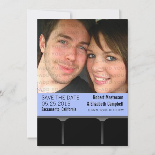 Movie Theater Foto Save the Date einladen, Blau (Vorderseite)