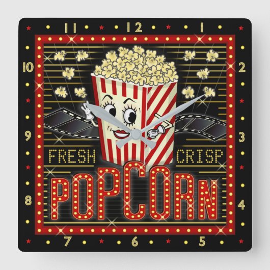Movie Theater Marquee Zuhause Cinema Popcorn Quadratische Wanduhr (Vorderseite)