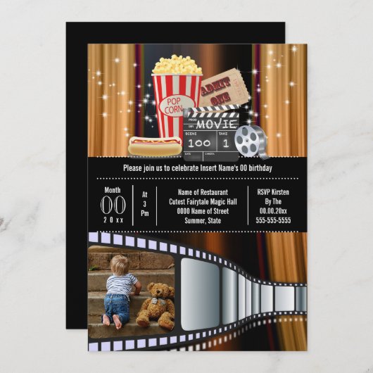 Movie Theme Foto Film Kino Popcorn Party Einladung (Vorne/Hinten)