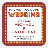Movie Theme Wedding Marquee Sign Save the Date Quadratischer Aufkleber (Vorderseite)