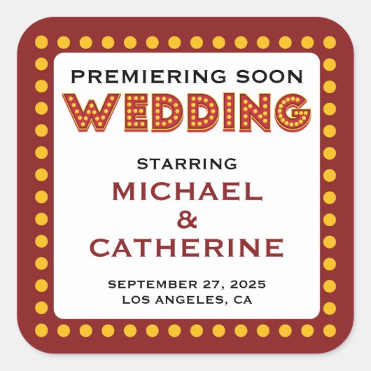 Movie Theme Wedding Marquee Sign Save the Date Quadratischer Aufkleber (Vorderseite)