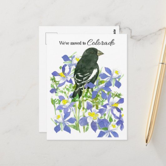 Moving Announcement Colorado Bunting Columbine Postkarte (Vorderseite/Rückseite Beispiel)