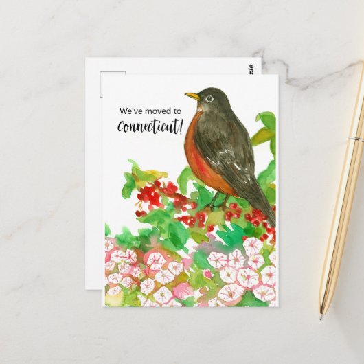 Moving Announcement Connecticut Robin Laurel Postkarte (Vorderseite/Rückseite Beispiel)