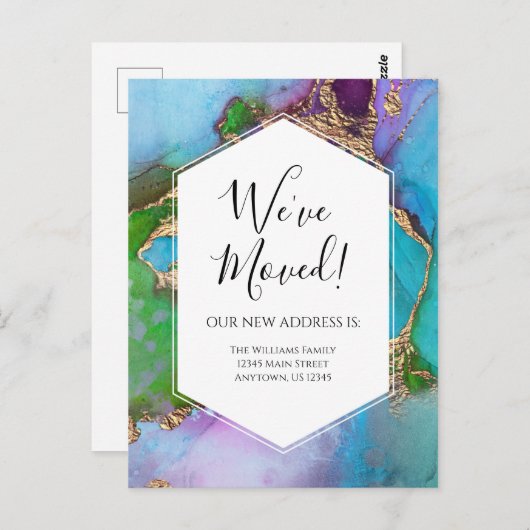 Moving Announcement Gold Blue Lila Ink Moderne Postkarte (Vorne/Hinten)