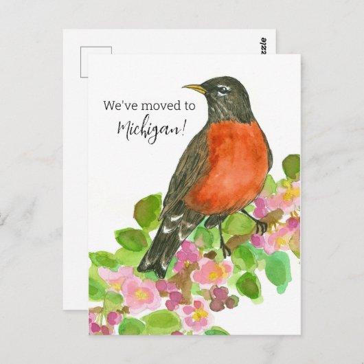 Moving Announcement Michigan Robin Apple Blossom Postkarte (Vorne/Hinten)