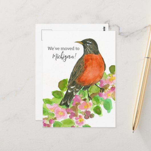 Moving Announcement Michigan Robin Apple Blossom Postkarte (Vorderseite/Rückseite Beispiel)