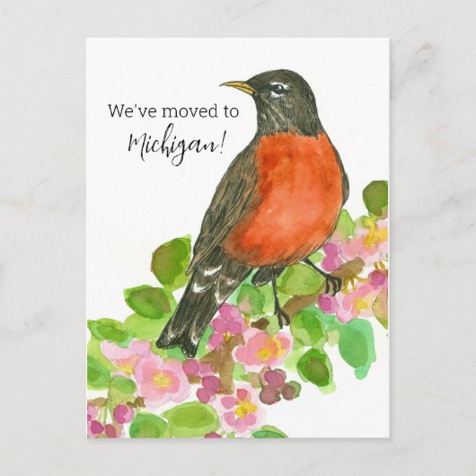 Moving Announcement Michigan Robin Apple Blossom Postkarte (Vorderseite)