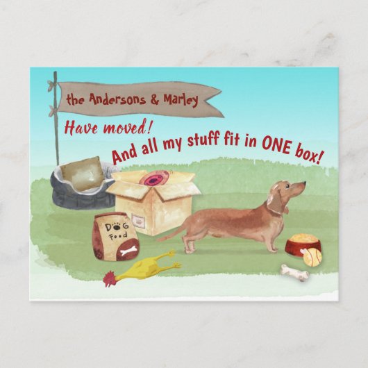 Moving Brown Dackel Dog Toys Unsere neue Zuhause Postkarte (Vorderseite)