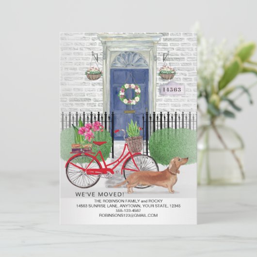Moving Brown Dackel Hund Fahrrad Tür Neue Zuhause Ankündigung (Stehend Vorderseite)