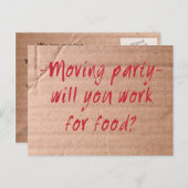 Moving Day Party Postcard Arbeit für Essen? Einladungspostkarte (Vorne/Hinten)