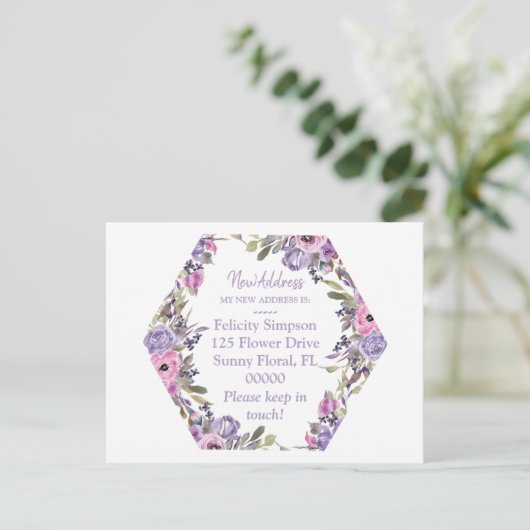 Moving Notice New Address|Lila Floral Geometric Postkarte (Stehend Vorderseite)