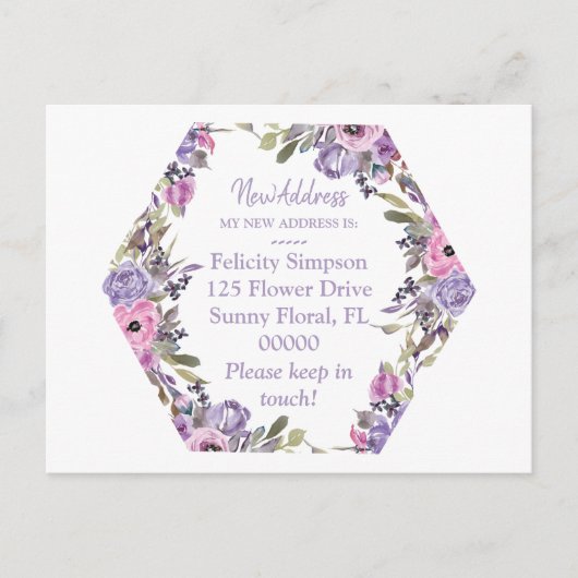 Moving Notice New Address|Lila Floral Geometric Postkarte (Vorderseite)