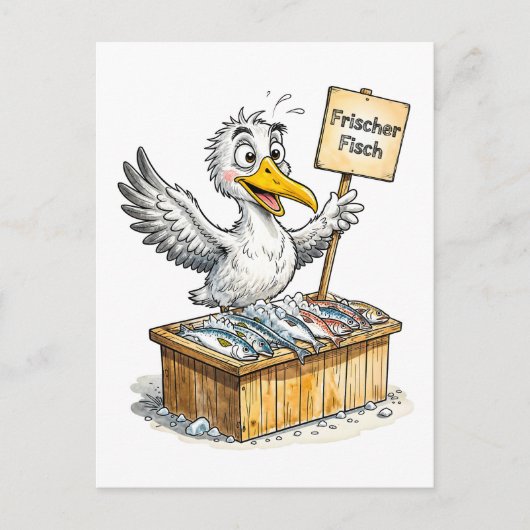 Möwe an Frischfischstand an der Küste Postkarte (Vorderseite)