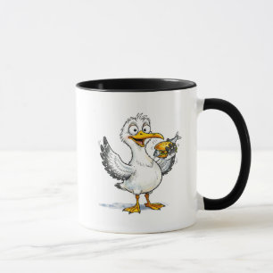 Möwe hält Fisch-Sandwich an der Küste Tasse