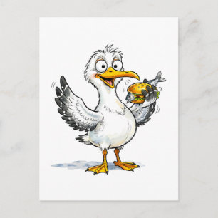 Möwe hält Fischsandwich an der Küste Postkarte
