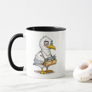 Möwe trägt Fischkiste an der Küste Tasse