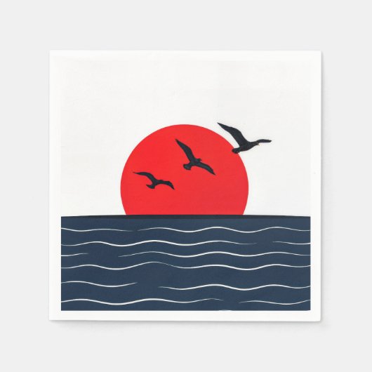 Möwen auf roter Sonne mit Ozean Serviette (Vorderseite)