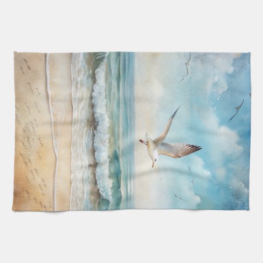 Möwen, die am Strand fliegen Geschirrtuch (Horizontal)