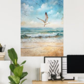 Möwen, die am Strand fliegen Poster (Heimbüro)