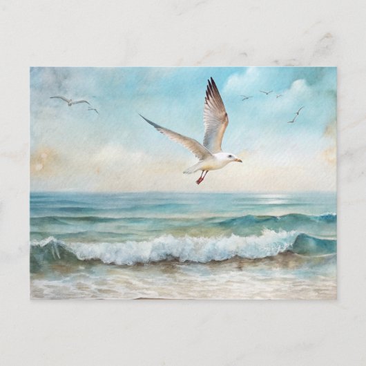 Möwen, die am Strand fliegen Postkarte (Vorderseite)