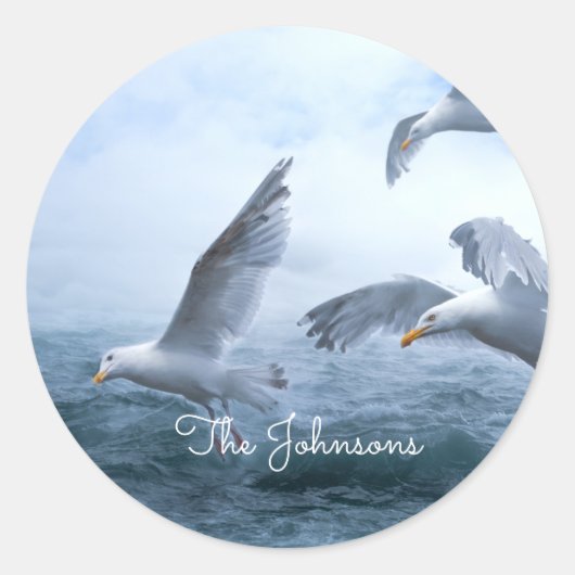 Möwen fliegen über das Meer Runder Aufkleber (Vorderseite)