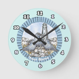 Möwen führen Leuchtturm Uhr