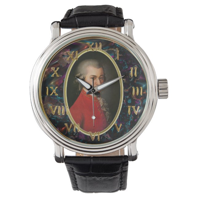 Mozart Men Vintager schwarzer Lederstreifen Armbanduhr (Vorderseite)