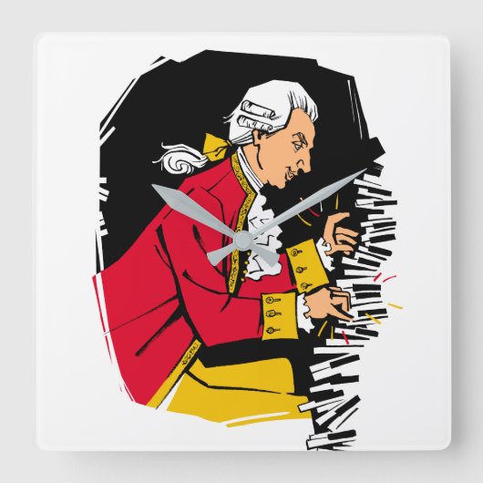 Mozart plays piano quadratische wanduhr (Vorderseite)