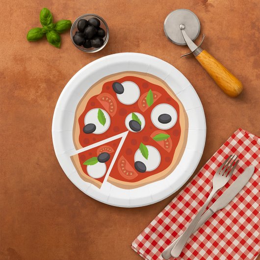 Mozzarella-Pizza mit Tomate und Basilikum Pappteller
