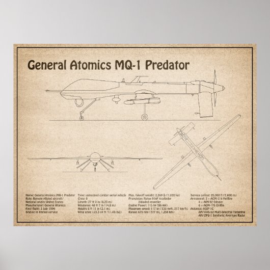 MQ-1 Predator UAV - Flugzeug-Blueprint SD Poster (Vorne)