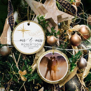 Mr. and Mrs. 1 Christmas Gold Glitzer Star Foto Keramik Ornament