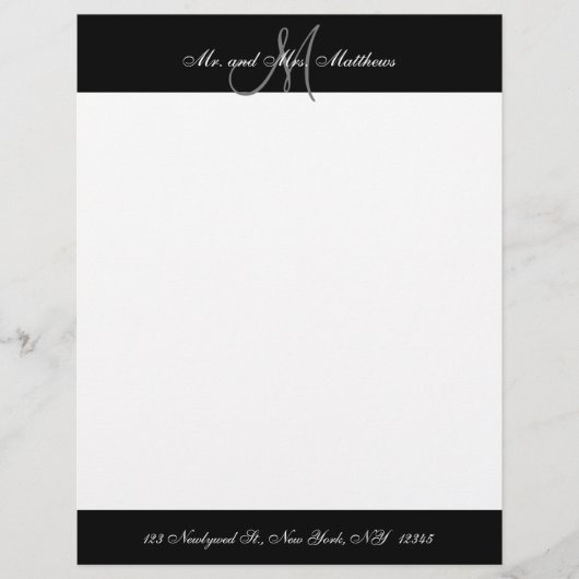 Mr. and Mrs Black and White Monogram Newlyweds Briefbogen (Vorderseite)