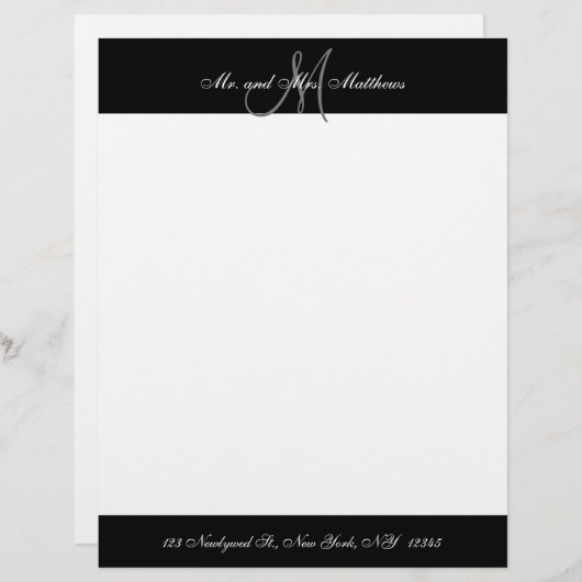 Mr. and Mrs Black and White Monogram Newlyweds Briefbogen (Vorne/Hinten)